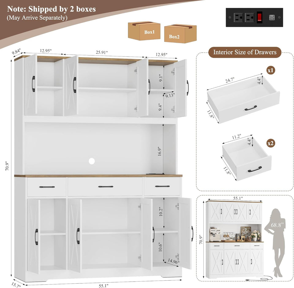 HOSTACK 71" Tall Kitchen Pantry Storage Cabinet with Charging Station, 55" Wide Kitchen Hutch Cabinet with Large Countertop, Farmhouse Food Pantry with Drawers for Living Room, White