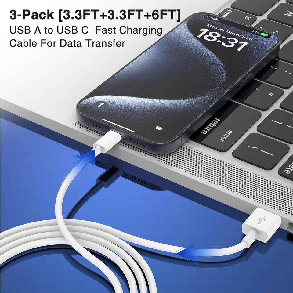 Apple CarPlay compatible cables, 3-pack: 3.3FT, 3.3FT, 6FT USB A to USB C for iPhone 17, 16, 15, iPad, MacBook