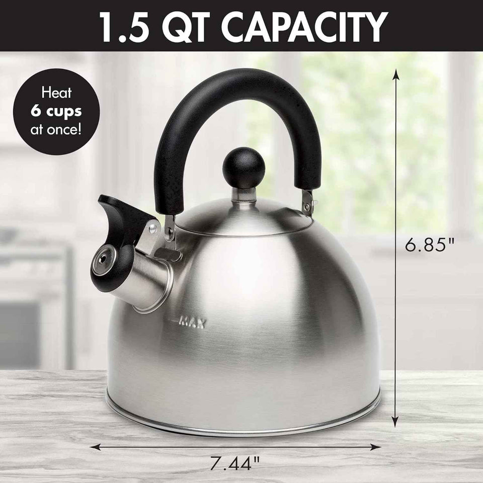 Primula Stewart Whistling Stovetop Tea Kettle, 1.5-Quart, Food Grade Stainless Steel, Hot Water Fast, Cool Touch Folding Handle, Black