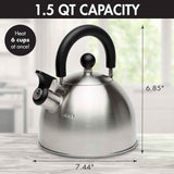 Primula Stewart Whistling Stovetop Tea Kettle, 1.5-Quart, Food Grade Stainless Steel, Hot Water Fast, Cool Touch Folding Handle, Black