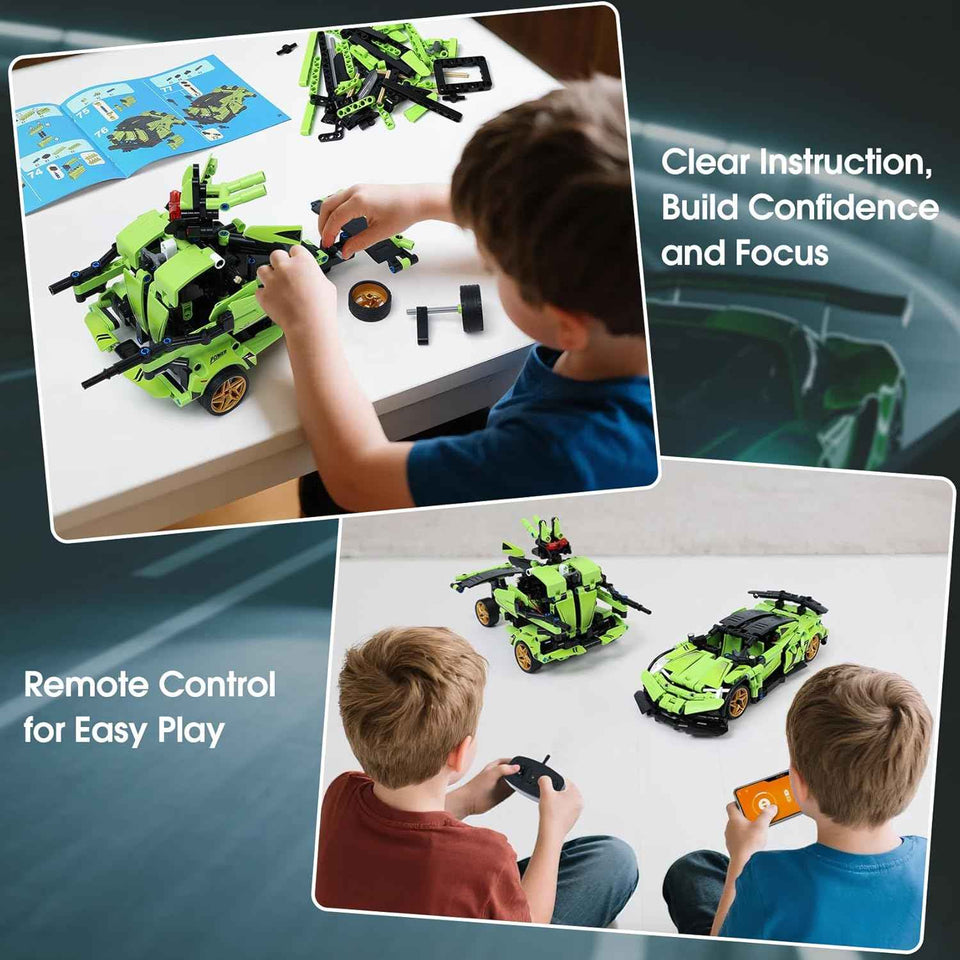 iqkidz 2 in 1 remote control race car and robot building blocks kit for kids aged 6-12