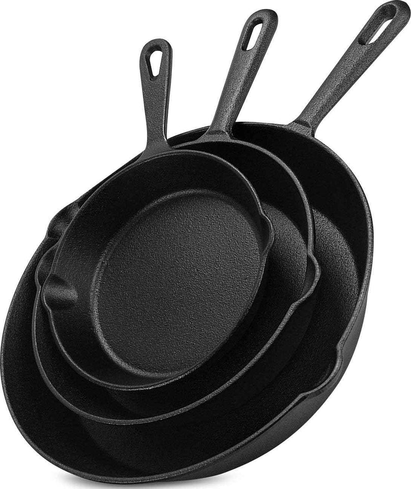Utopia Kitchen 3-Piece Pre-Seasoned Cast Iron Skillet Set, 6-8-10 Inches, Black, Oven, Stove, Grill, Campfire Friendly