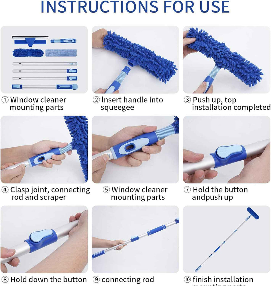 LOMIDA Professional Window Squeegee Kit - Lightweight 62" Aluminum Pole, Rotatable 2-in-1 Cleaning Tool for Cars, Showers & High Windows