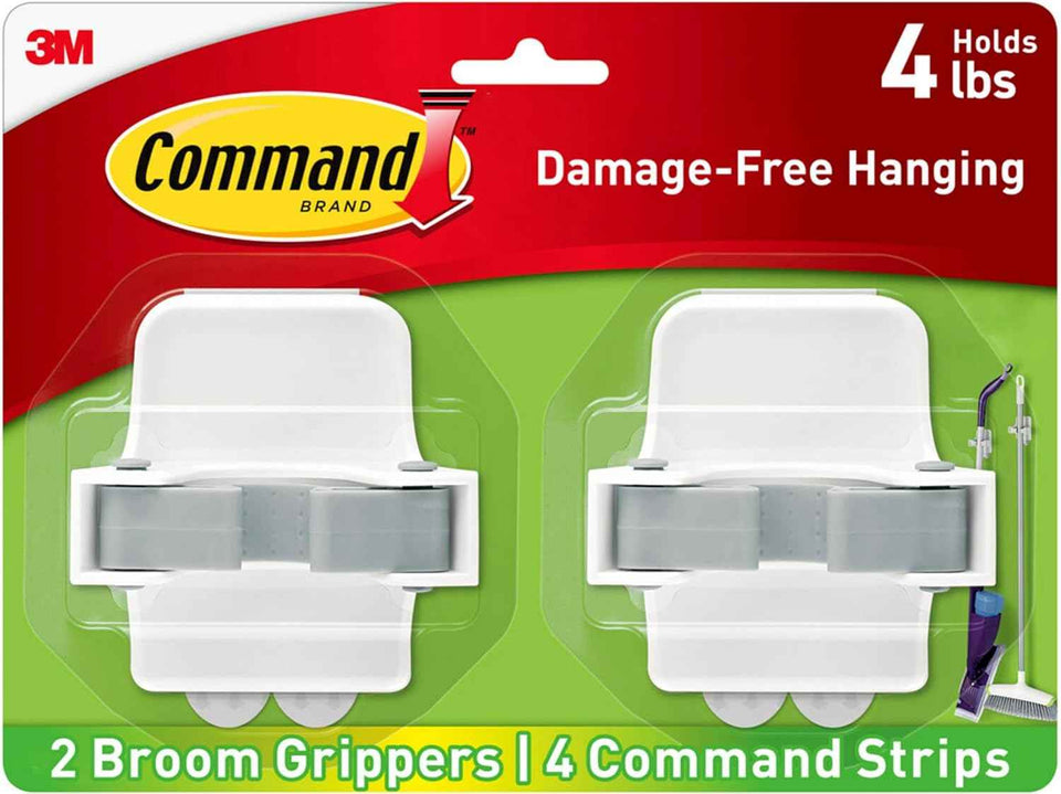command damage-free broom and mop hangers, 2 hangers and 4 strips, wall mount household cleaning organizer