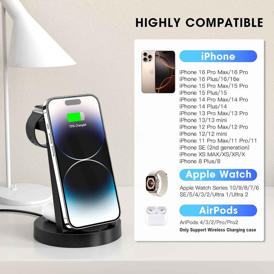 3-in-1 wireless charging station for iPhone, AirPods, and Apple Watch compatibility
