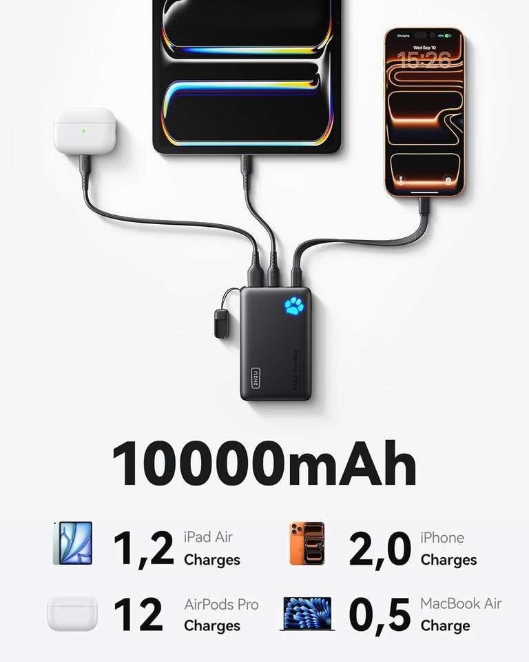 INIU Portable Charger, Ultra Slim 45W Fast Charging with Attached USB C Cable, Flight-Safe 10000mAh PD Power Bank Battery Pack, Travel Essential Phone Powerbank for iPhone 17 16 Samsung S25 Google etc