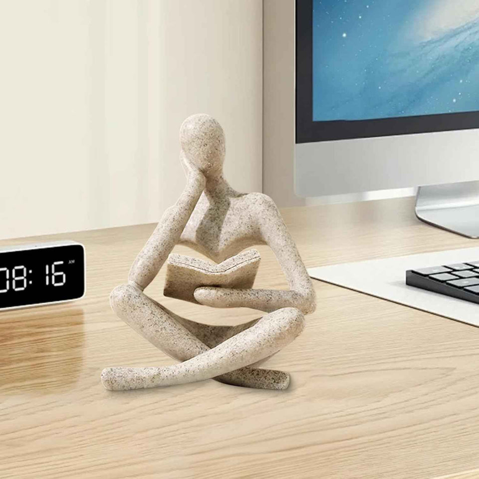 Beige Abstract Reading Thinker Statue Modern Home Decor Office Library Bookshelf Decoration