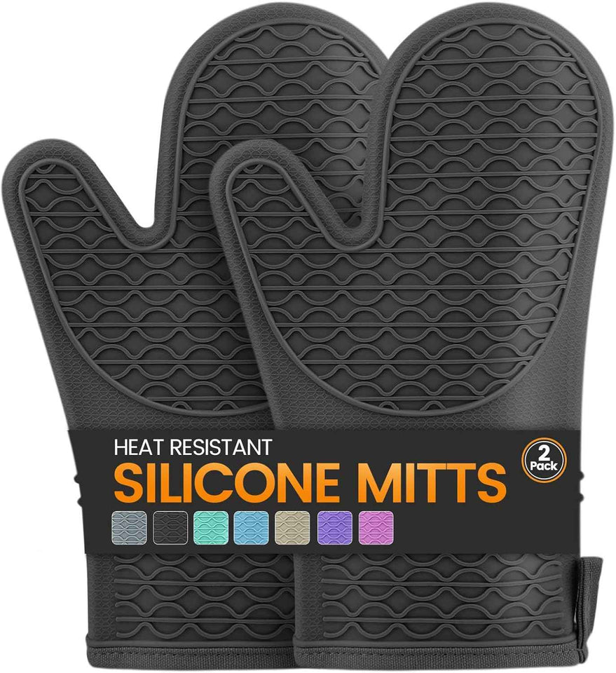 Silicone Oven Mitts, Heat Resistant 2PCS Oven Mitts with Soft Cotton Lining, Waterproof Non-Slip Grip Oven Glove, Kitchen Potholder Mits for BBQ, Baking, Cooking, 12.5 Inch - Grey