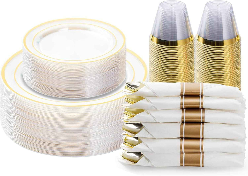 BESTVIP 700PCS Gold Plastic Dinnerware Set for 100 Guests, Disposable Plates for Party, Include: 200 Plastic Plates, 100 Pre Rolled Napkins with Gold Silverware, 100 Cups for Christmas, Halloween