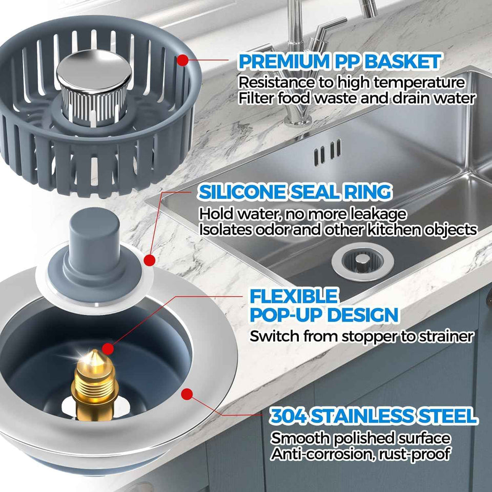 Upgraded 3in1 Kitchen Sink Drain Strainer & Sink Stopper, Stainless Steel Kitchen Drain Plug & Sink Installation Parts with Anti-Clogging Basket, Fit US Standard 3-1/2'' Sink Drain Hole, Silver