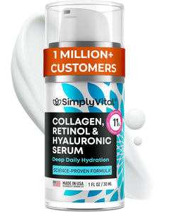 SimplyVital Collagen, Retinol & Hyaluronic Acid Serum - Anti-Aging Moisturizer for Face, Neck & Décolleté - Made in USA, Deep Moisturizing Skin Care Complex - Hydrating Facial Serum for Women, 1 fl.oz