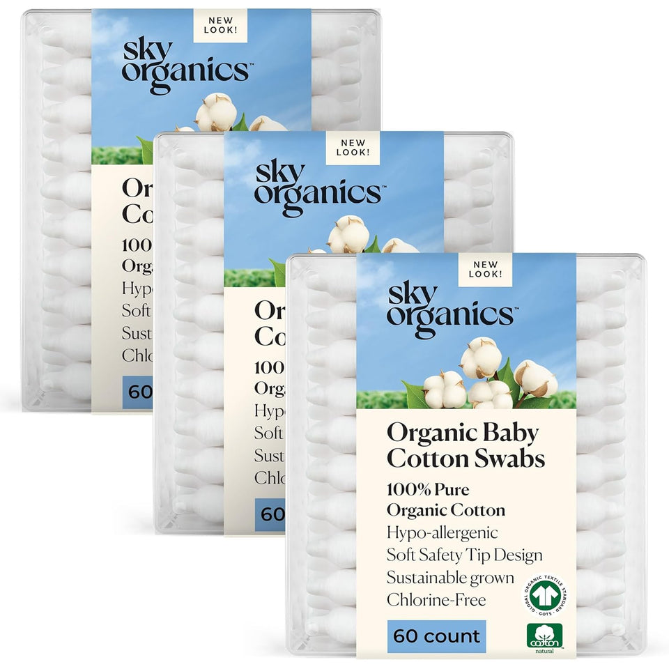 Sky Organics organic baby cotton swabs, 60 count, ultra soft, baby safe tips, strong and durable, hypoallergenic, chlorine free
