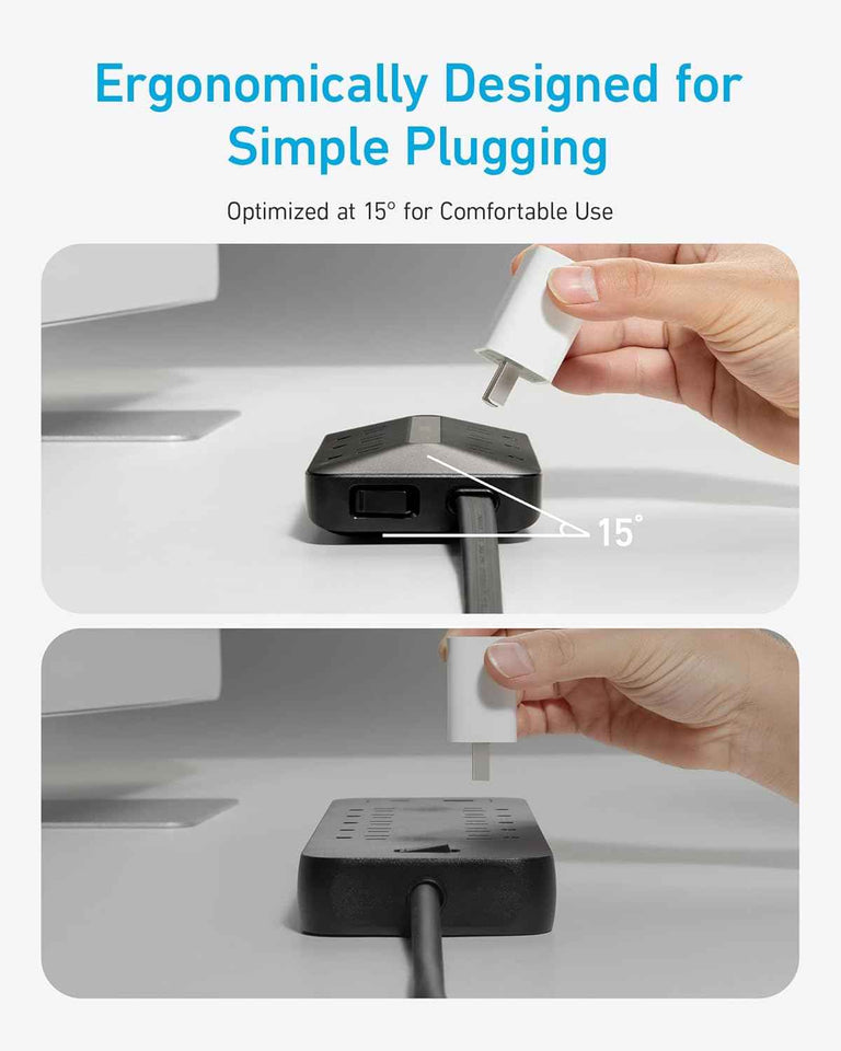 anker 300j flat plug 10-in-1 ultra thin power strip with 6 ac and 3 usb ports, extension cord, desk charging station, 5 feet, black