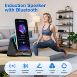 TARKARI Wireless Induction Speaker, 5 in 1 Bluetooth Speaker, 360° Rotation Cell Phone Stand with Colorful Ambient Light Compatible with iPhone iPad Android Tablet, Birthday Gifts for Women Men Him