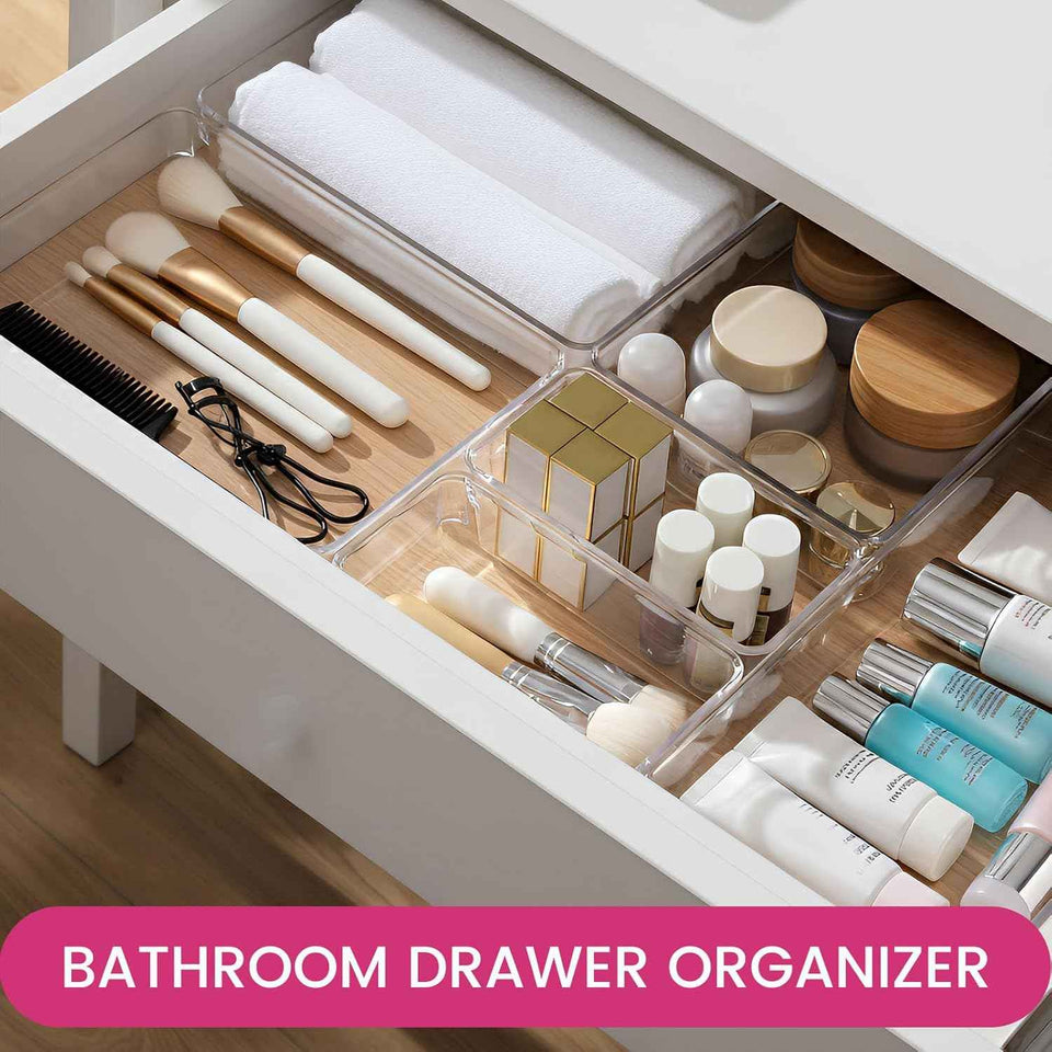 Criusia 26-Pack Large Drawer Organizer Bins - Clear Plastic Kitchen and Bathroom Organizers