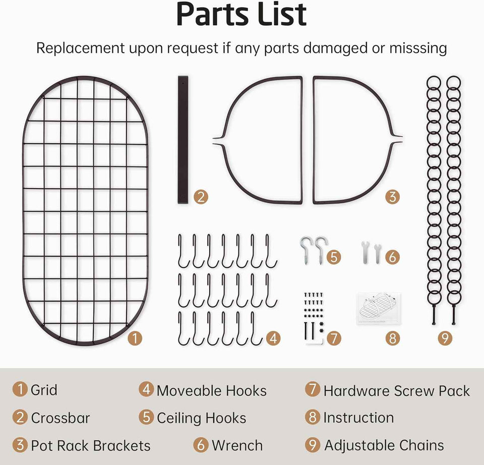KES 34 Inch Oiled Bronze Hanging Pot Rack, Heavy Duty Oval Pot and Pan Hanging Rack Ceiling Mount, Pot Pan Hangers for Kitchen with 20 Hooks, (For 16" and 24" Joist Mount), KUR221S85-OB