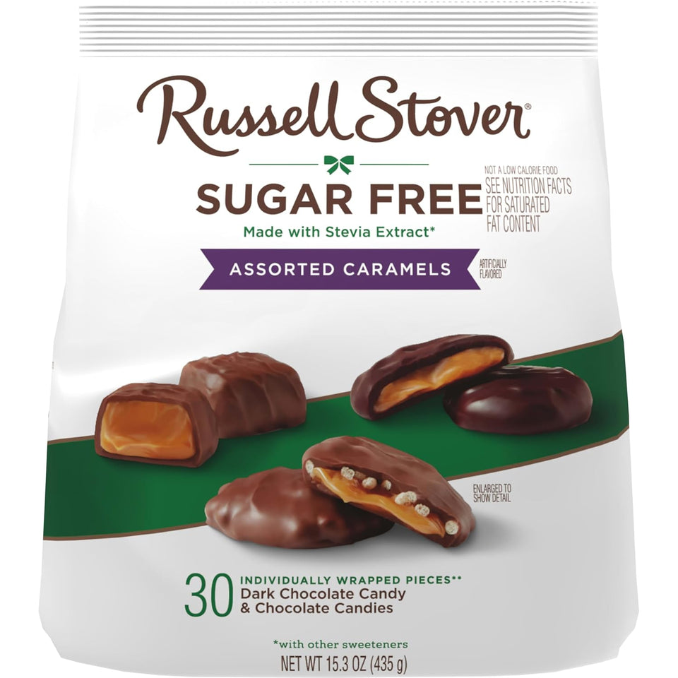 russell stover sugar free assorted caramels in chocolate, 15.3 oz. bag, made with stevia extract, no added sugar
