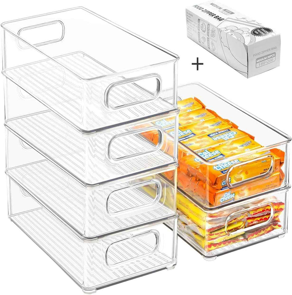 Stackable Refrigerator Organizer Bins, 6 Pack, Clear, Kitchen, Food Safe, BPA Free
