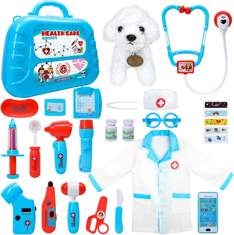 Meland Toy Doctor Kit for Girls, Pretend Play Toy Doctor Set with Dog , Carrying Bag, Stethoscope & Dress Up Costume Gift for Kids Toddlers Ages 3 4 5 6 Year Old for Role Play