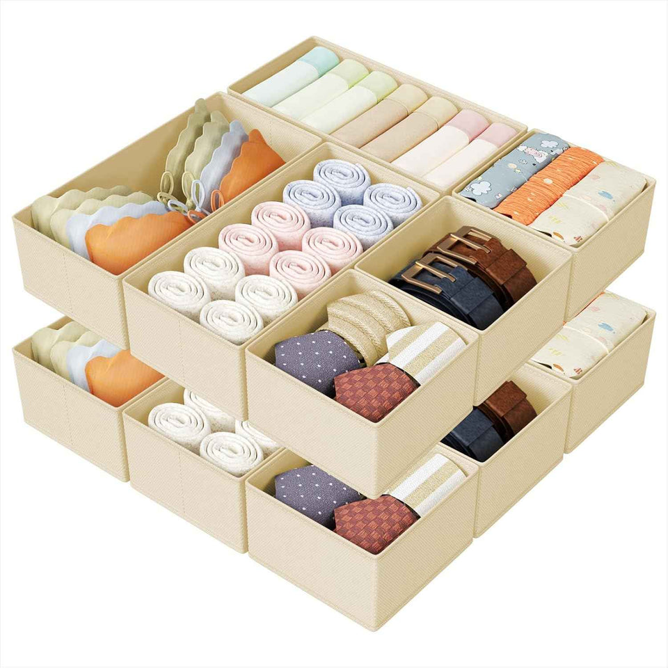 DIMJ Drawer Organizers Clothes, Set of 4 Dresser Organizer Bins, Fabric Closet Organizers and Storage, Shallow Drawer Dividers for Nursery, Clothing, Baby Clothes, Socks, Underwears, Tie (Beige)