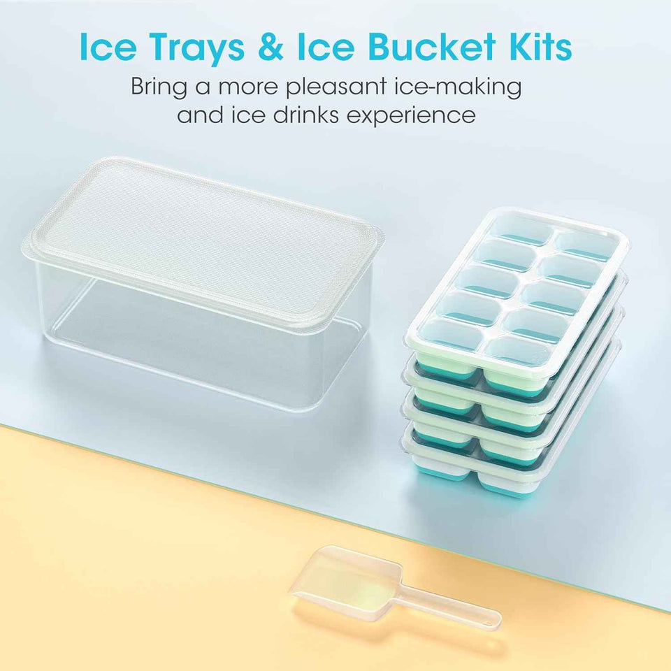 DOQAUS Ice Cube Tray with Lid and Bin, 4 Pack Silicone Plastic Ice Cubes Trays for Freezer with Box/Container, Stackable with Storage Iced Bucket Kits, Scoop, for RV, Soup, Food, Cocktail, Coffee