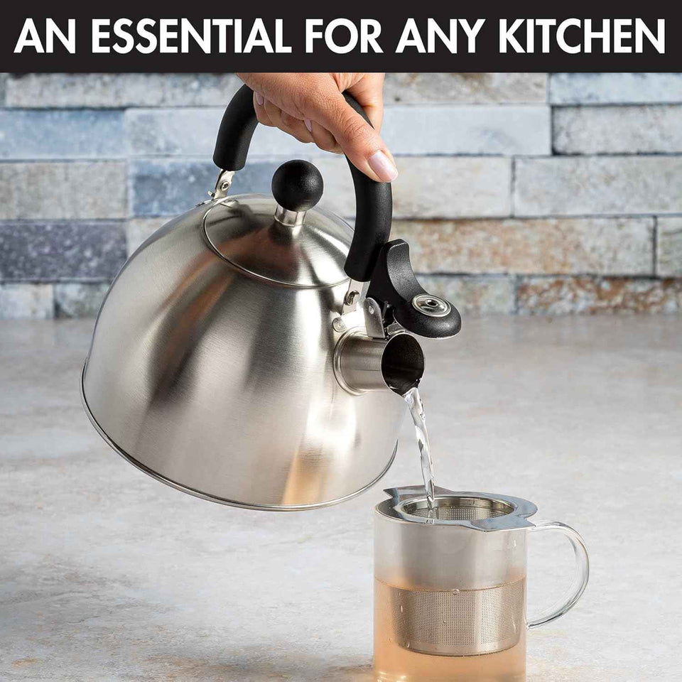 Primula Stewart Whistling Stovetop Tea Kettle, 1.5-Quart, Food Grade Stainless Steel, Hot Water Fast, Cool Touch Folding Handle, Black