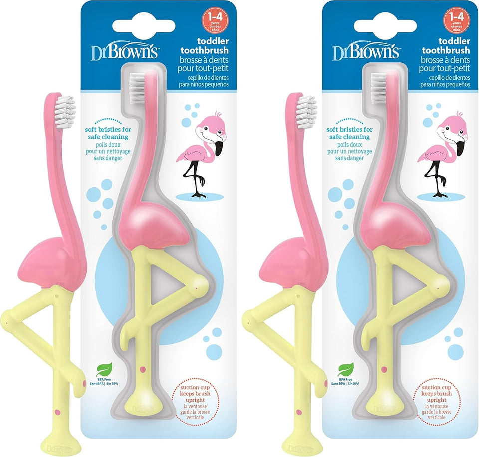 Dr Brown's Baby Toddler Toothbrush Green and Orange Dinosaur 2-Pack Ages 1-4 Years Soft Bristles Suction Cup Base