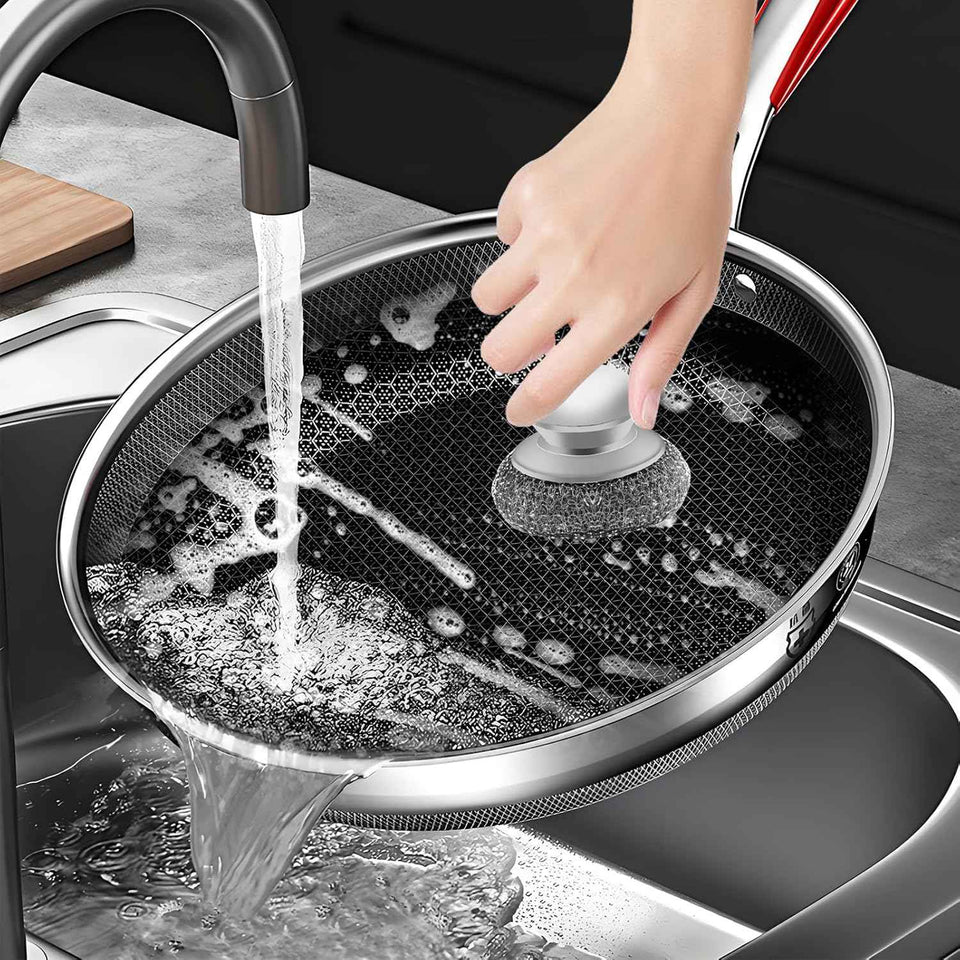 Stainless Steel Wool Scrubber with 2 Replacement Pads for Cleaning Metal Pans, Pots, Grills & More