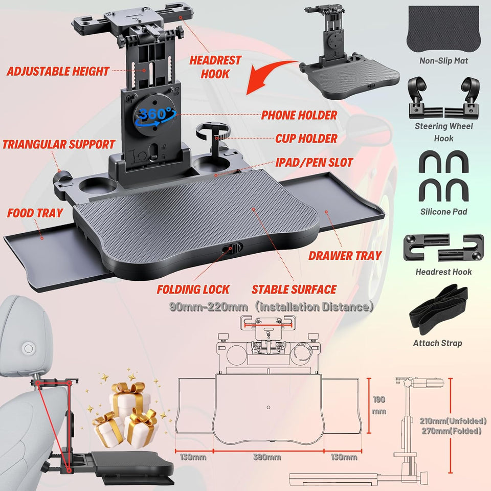 Large Car Desk for Laptop | Steering Wheel Tray Table | Foldable Back Headrest Seat Eating Food Trays with Drinks Cupholder Phone Tablet Holder for Kids | Car Travel Essentials for Long Trips