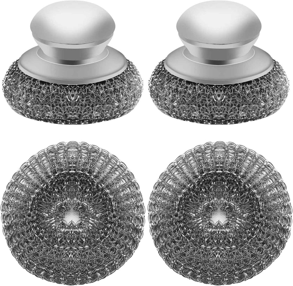 Stainless steel wool scrubber with 2 replacement pads for cleaning metal pans, pots, grills, and more