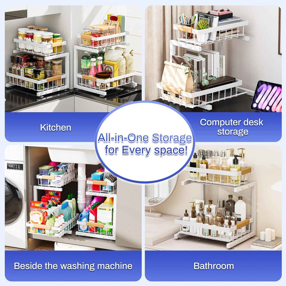 ADBIU Under Sink Organizer, 2 Pack 2 Tier Expandable Height Kitchen Bathroom Cabinet Organizers