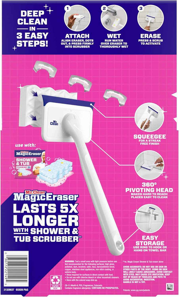 Mr. Clean Magic Eraser Shower & Tub Scrubber, Bathroom Cleaner, All in One Bathroom Cleaner, Lemon Starter Kit, 1 Scrubber & 2 Foaming Magic Erasers