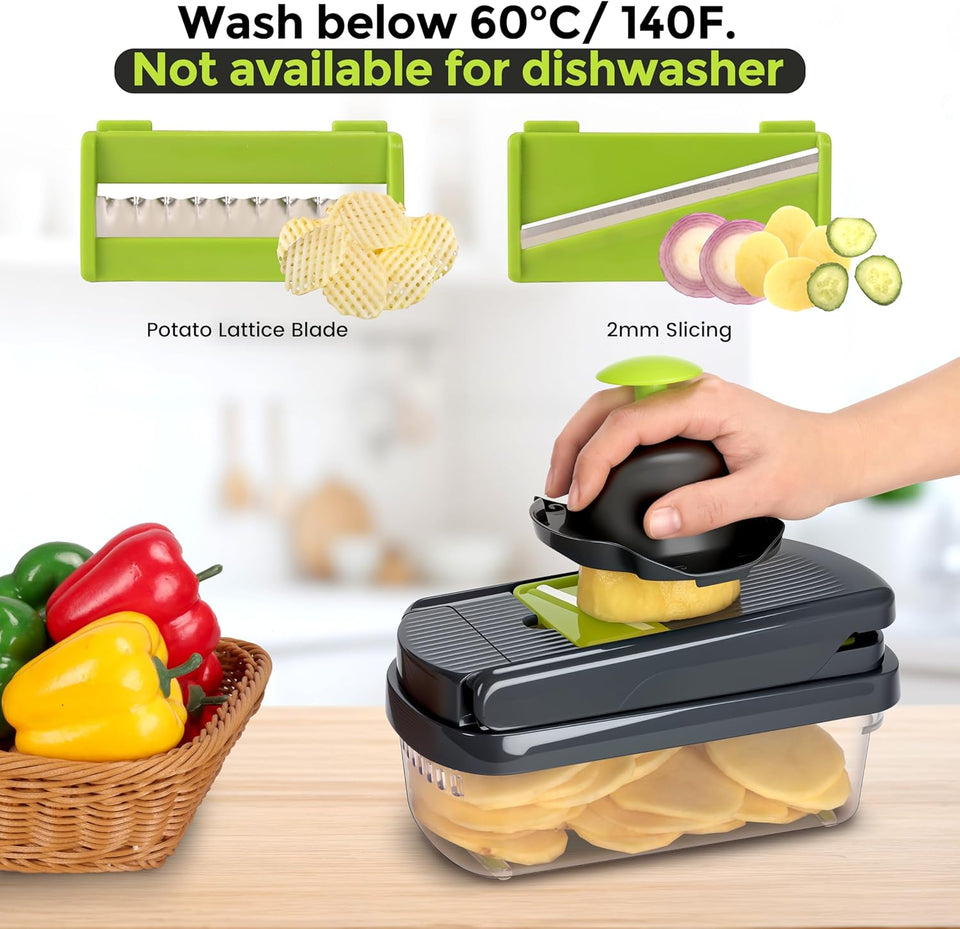 Vegetable Chopper,12-in-1 Multifunctional Food Chopper,Professional Onion Chopper with 7 Blades,Vegetable Cutter with Container for Salad,Potato,Carrot,and Garlic; Essential Kitchen Tool(Grey)