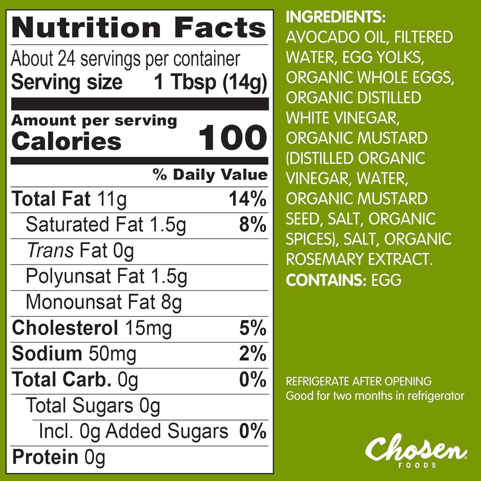 Chosen Foods 100% Avocado Oil-Based Classic Mayonnaise, Gluten-Free, Low-Carb, Keto Diet Friendly, 12 fl oz