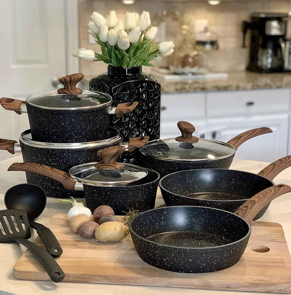 12-Piece Granite Cookware Set with Non-Stick Coating and Wood Look Handles