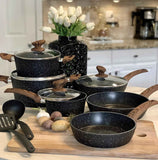 12-Piece Granite Cookware Set with Non-Stick Coating and Wood Look Handles