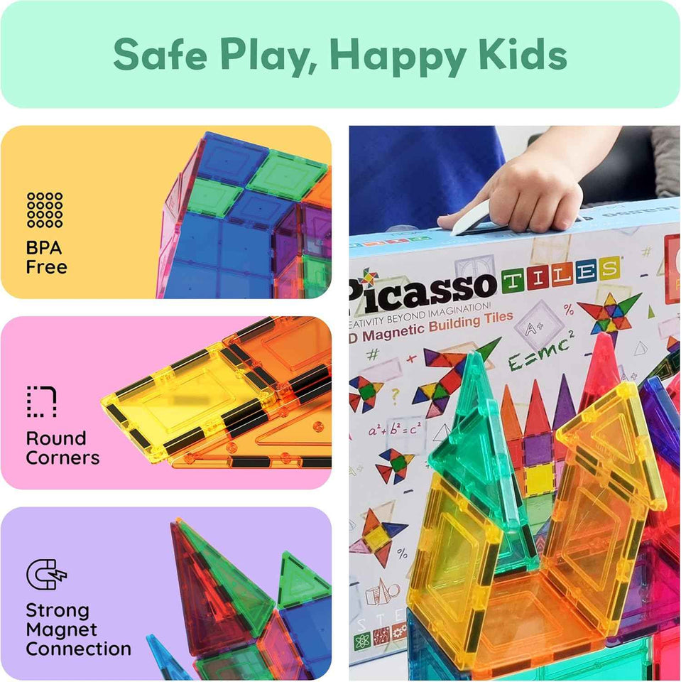 PicassoTiles 100 Piece Clear Magnetic 3D Blocks Creativity and Imagination Toy Set for Kids Inspirational
