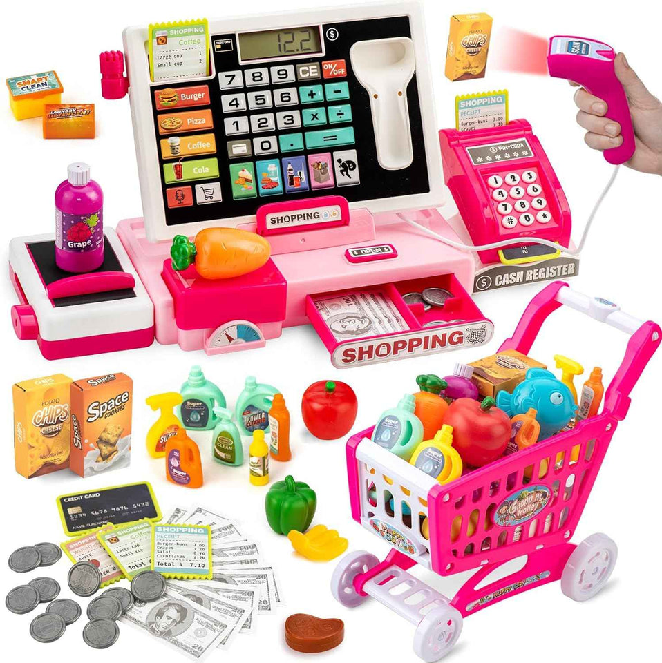 kids cash register toy with music real calculator scanner learning for 3-8 year old girl