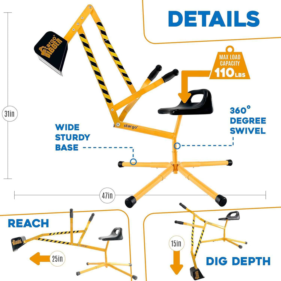 Stargo Sand Digger kids excavator ride-on toy, outdoor sandbox play, solid steel 360-degree rotation, role-playing sandbox toy