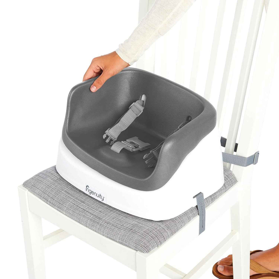 Ingenuity SmartClean Toddler Booster Seat for Kitchen Chair – Lightweight for on-the-go, Easy-Clean, 3-Point Harness Strap – Booster Seat for Dining Table, Slate
