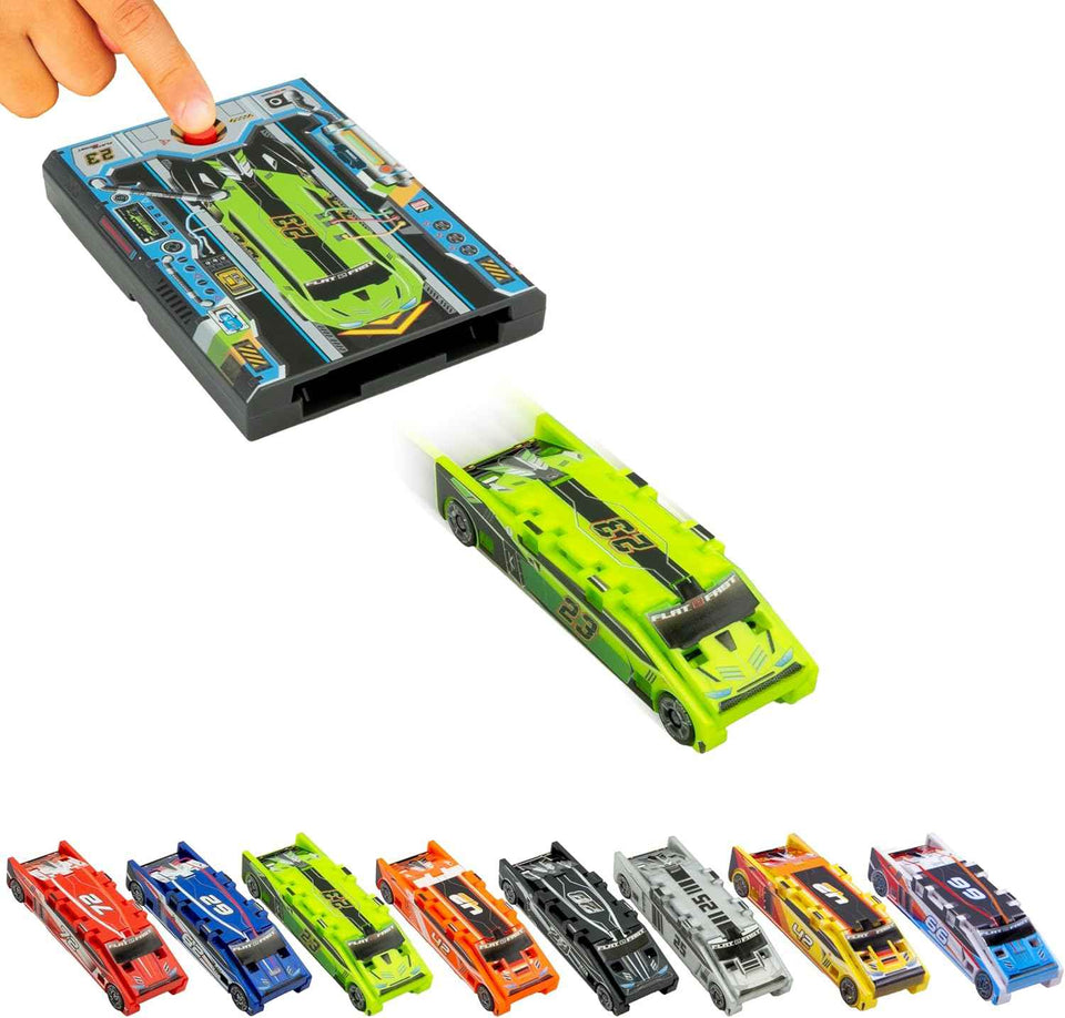 FLAT 2 FAST Original Stunt Card Racer – Flat Car Racer and Pocket Size Racecar Launcher with Built-in Button for Stunt Launching and Racing – Compact – Crimson Red
