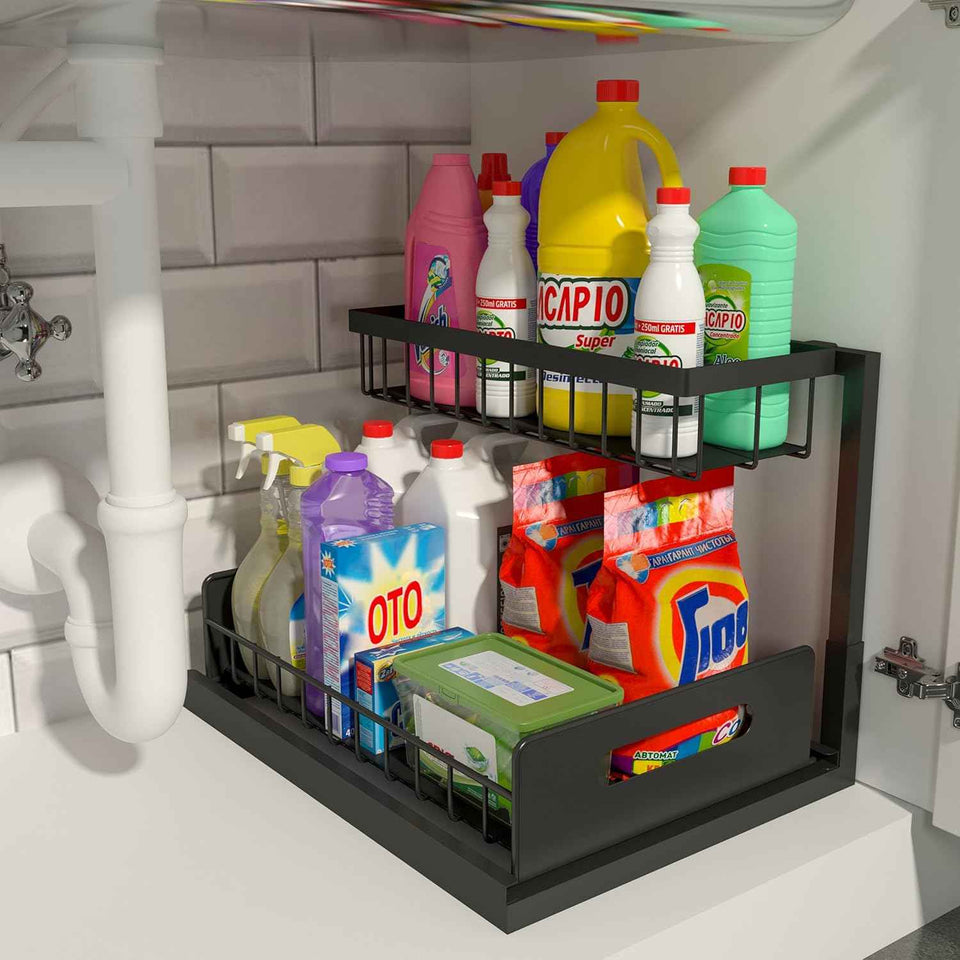 realinn black 2-tier under sink organizer with pull-out cabinet storage and slide-out shelf for small kitchens