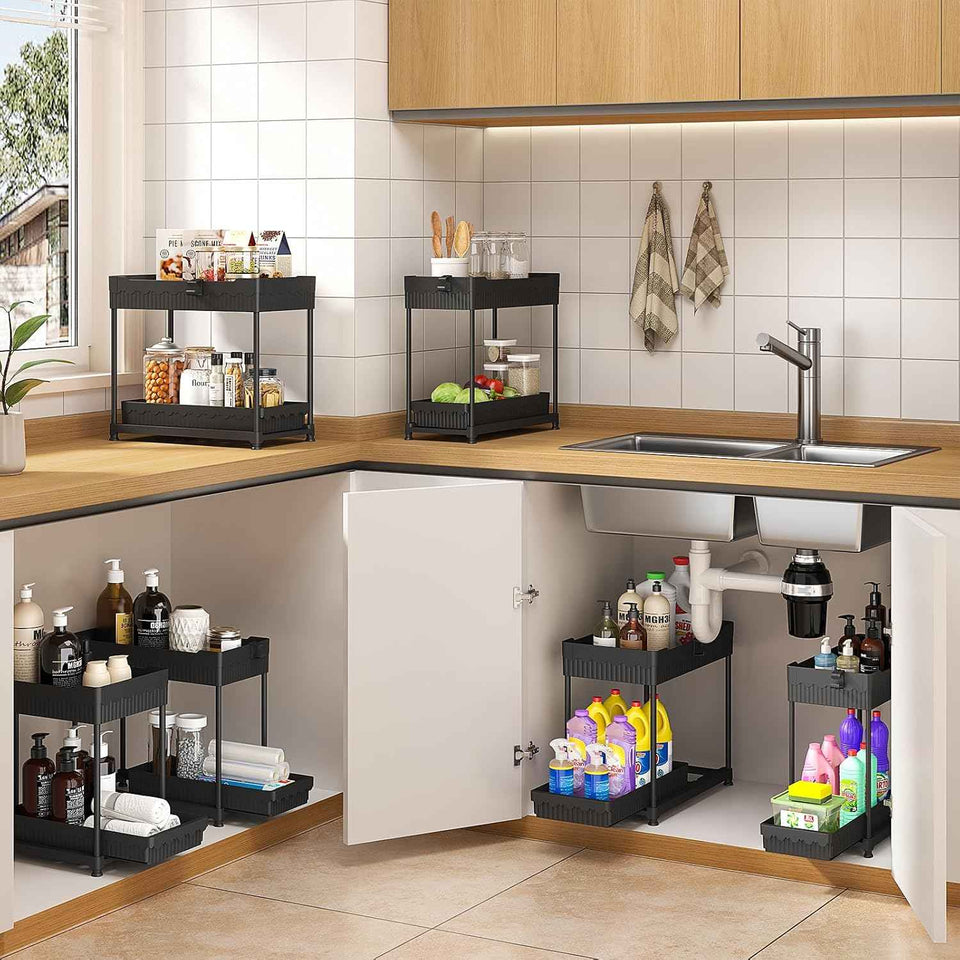 4-Pack Under Sink Organizer: 2-Tier Pull-Out Cabinet Storage with Hooks