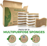 Natural Biodegradable Kitchen Sponge, 12 Pack, Compostable Cellulose and Coconut Walnut Scrubber