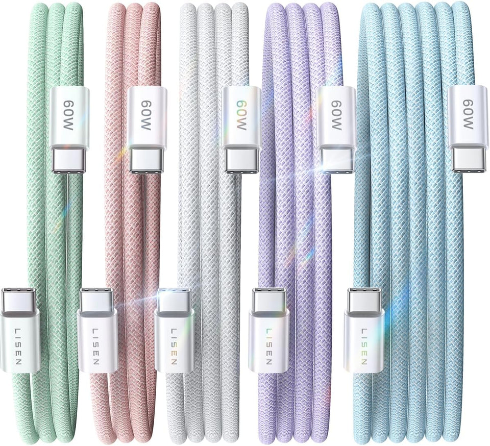 Lisen 5-pack usb c to c cable, 60w fast charging, 10ft for iphone 17, ipad, galaxy s25/s24
