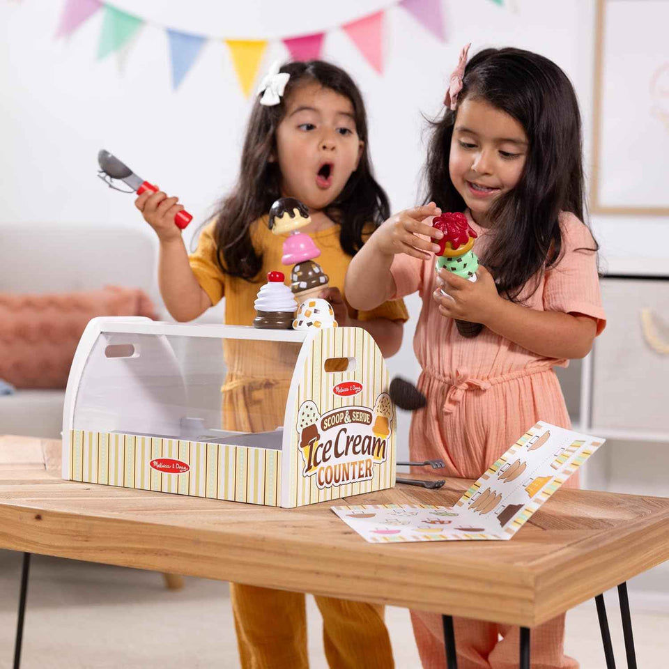 Melissa & Doug Wooden Scoop & Serve Ice Cream Counter, Pretend Play Store, 28 Toy Food & Play Kitchen Accessories, Preschool Toys for Girls & Boys 3+