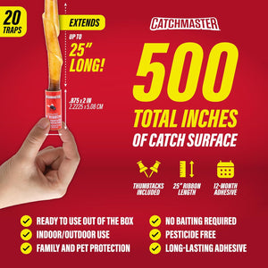 Catchmaster Fly Ribbon 20-Pack, Bug & Fruit Fly Traps Outdoor and Indoor, Premium Adhesive Sticky Strips & Gnat Hanging Strips, Bulk Flying Insect Paper Rolls, Pesticide-Free Home Pest Control