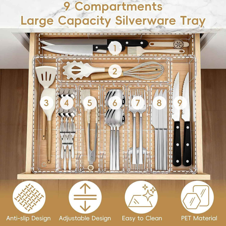 Expandable Silverware Organizer, Clear Utensil Drawer Tray with Adjustable Compartments for Spoons, Forks, Knives
