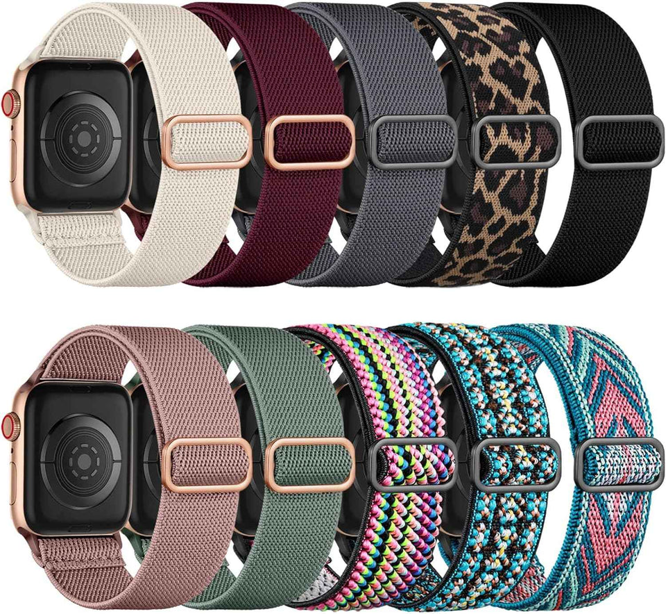 Maledan 10 Pack Soft Nylon Elastic Braided Watch Straps for Apple Watch Men Women 38-49mm