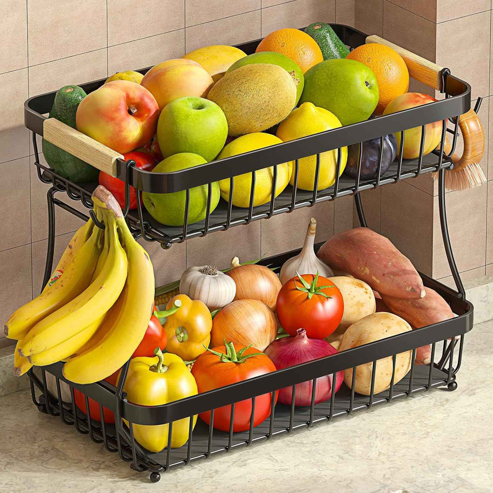 2-Tier Fruit Basket for Kitchen Counter with Metal Fruit Bowl and Wooden Handle